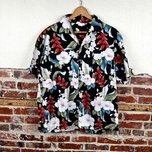 Vintage Malihini Shirt Sz XL Black Floral Hibiscus Short Sleeve Button Up Hawaii